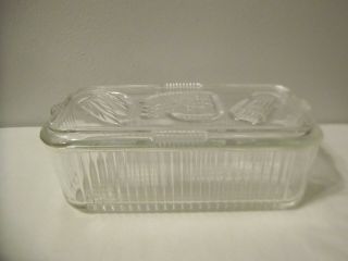 Vintage Federal Clear Ribbed Glass Refrigerator Dish W/ Vegetable Embossed Lid