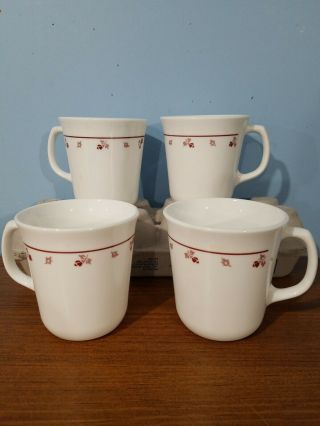 Corelle: Burgundy Rose,  Coffee Cups / Tea Cups,  Set Of 4,  White,  Euc