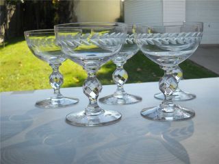Five Bohemian Etched Champagne Stems Standing 4 - 5/8 " Tall - Hold 6 Oz.  Each,  Ec