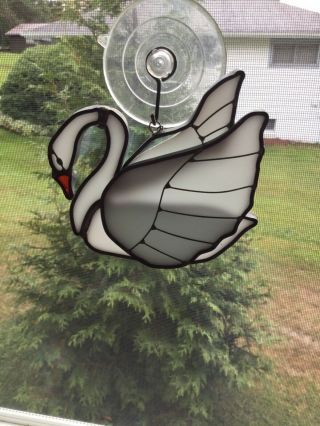 Vintage Stained Glass White Swan Duck Window Hanging Lead Suncatcher