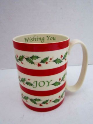 Lenox Mug Cup Holiday Pattern - " Wishing You Joy " Christmas Holly Berry Stripes