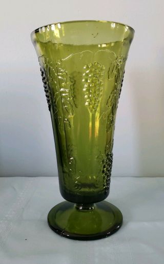 Vintage Large Green Glass Footed Vase Grape Vine Pattern