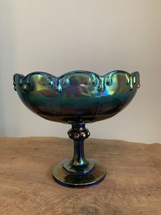Indiana Blue Garland Carnival Glass Compote Large Fruit Pedestal Bowl Iridescent