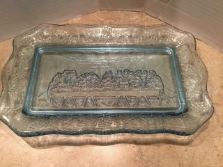 Vintage Indiana Glass Tiara Tray The Last Supper Tray Plate Blue Color