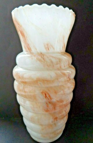 Art Deco Banded Glass Vase In White With Random Tan Flourishes Scalloped Rim