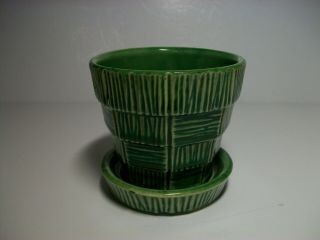 Mccoy Pottery 3 1/4 " Flower Pot & Attached Saucer Grren Basketweave Mid Century