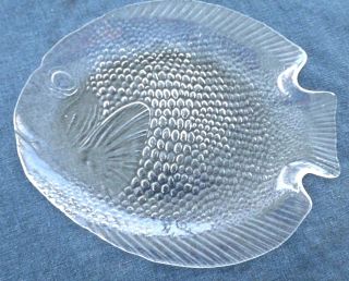 Vintage Heavy Clear Glass Fish Shaped Serving Plate 9 3/4 " X 8 1/4 "
