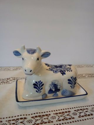 Vintage Delft Blue Hand Painted Windmill Ceramic Cow Butter Dish 2 Piece Holland