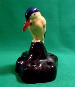 Vtg Pottery Flower Frog Hand Painted Yellow & Blue Bird Perched On Black Base