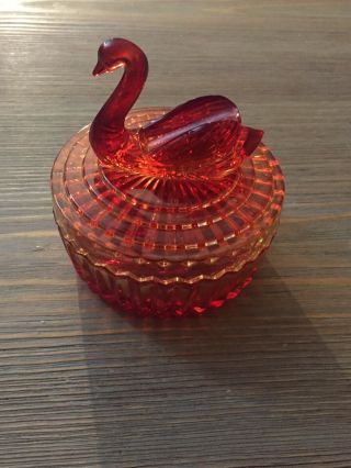 Vintage Jeanette Amberina Red & Yellow Glass Swan Candy Trinket Powder Dish