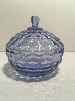 Vintage Blue Fostoria American Glass Covered Candy Dish Bowl