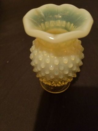 Fenton Yellow Vaseline Topaz Opalescent Hobnail Vase - - - Chipped