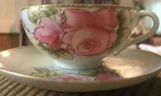 Antique Nippon E - Oh China Handpainted Cup Saucer Pink Roses Gold Trim