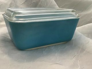 Vtg Pyrex Ovenware Turquoise Covered Refrigerator Dish 0502 & Lid 502c (chipped)