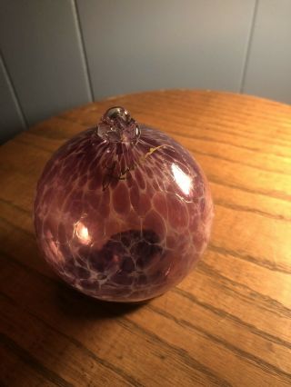 Hand Blown Signed Art Glass Witches Ball Christmas Ornament Purple & White 3.  5”