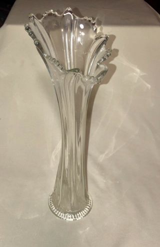 Glass Vintage Clear Bud Vase,  16” Tall,  4” W At Base,  5” W At Top