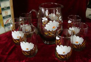 7 Piece Beverage Set,  Hand Painted Mums.  Pitcher and 6 Tumblers 2