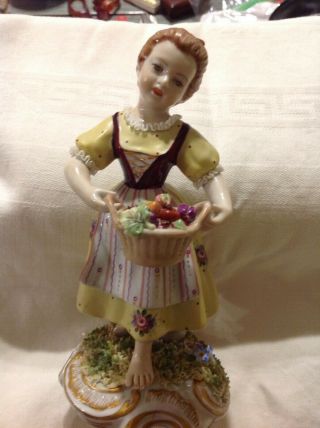 Vintage Capodimonte Figurine Woman With Fruit Basket Marked -