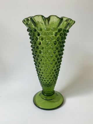 Vintage Green Hobnail Glass 6 1/4 " Bud Flower Vase Ruffled Edge