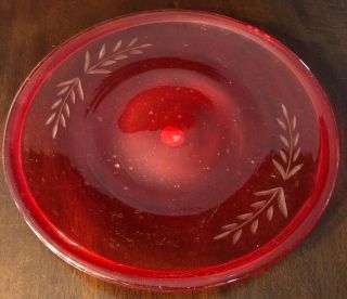 Vintage Hand Blown Art Glass Ruby Red 9” Etched Glass Plate Platter Dish Mexico