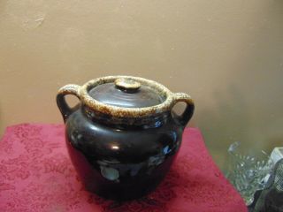 Old Vintage Stoneware Pottery Bean Pot W Lid Brown Drip Pattern Two Handled Usa