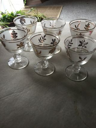 Vintage Libbey Set 6 Cordial Sherry Port Glasses Frosted With Gold Trim Leaves