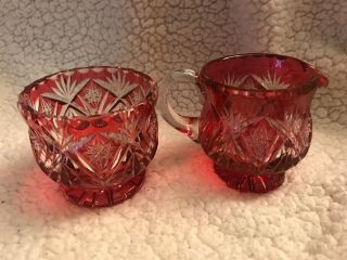 Vintage Cranberry To To Clear Glass Creamer And Sugar Bowl