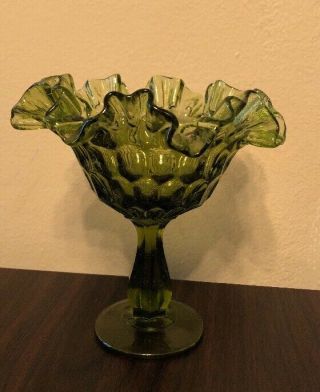 Vintage Fenton 6 " Green Ruffled Glass Candy Dish Footed Stem Nut Bowl Dimpled