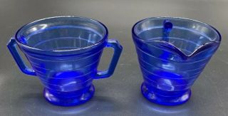 Vintage Depression Glass Hazel Atlas Moderntone Sugar Bowl & Creamer Cobalt Blue
