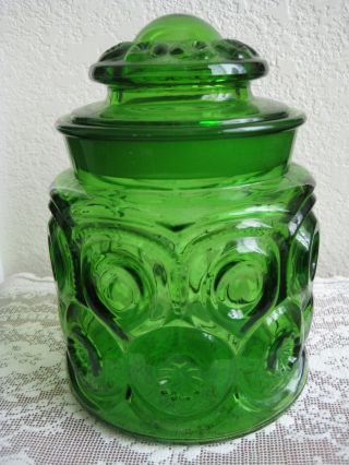 Vintage Le Smith Moon And Stars Small Green Glass Coffee Canister Apothecary