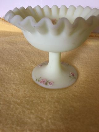 Fenton Signed Pedestal Bowl Hand Painted Compote Satin Green Ruffle Top Daisies
