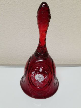 Vintage Fenton Ruby Red Bell W/ Hand Painted Flower - Artist Signed