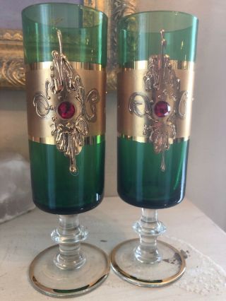 Vintage 60s Ornate Pair 2 Glasses Green Gold Red Wine Water Flute Drinking