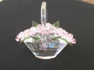 Sorelle Hand Crafted Crystal Glass Basket With Pink Glass Flowers Paperweight