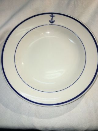 Vintage Us Navy 9” Shallow Soup Bowl Shenango China Co Blue Trim Anchor