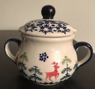Polish Pottery Boleslawcu Christmas Sugar Bowl,  Jam Jar,  Honey Pot Reindeer Nwt