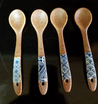 Vintage Asian Oriental Tea Service Spoons Ceramic With Shibori Blue White