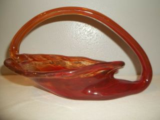 Vintage Hand Blown Art Glass Reddish Orange Swirl Bowl/ Basket W/ Handle