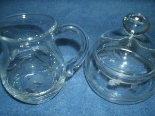 Glass Creamer,  Covered Sugar Bowl W/ Etching On Surface