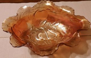 Vintage Oval Ruffle Rim Fruit Dish Iridescent Orange Red Glass Vibrant Decor