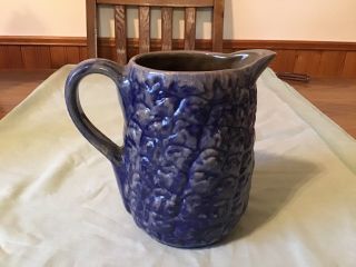 Vintage Bbp Beaumont Brothers Stoneware Pottery Blue Pineapple Text Pitcher 1972