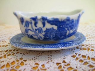 Vintage Blue Willow Children’s Play Toy China Gravy Bowl With Attached Dish