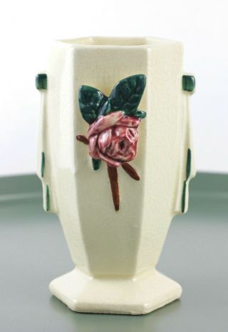 Vintage 1948 Mccoy Applied Rose Vase Ivory White Art Deco Rosebud Made In Usa
