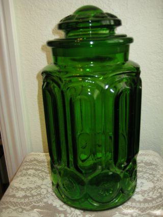 Vintage Le Smith Moon And Stars Large Green Glass Flour Canister Apothecary