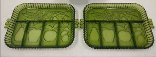 Set Of 2 - Vintage Indiana Green Glass Divided Tray Or Platter W/fruit Design