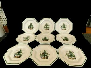 Nikko Christmas Tree Plates 9 Salad Dessert Plates Octagonal Green Trim