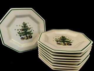 NIKKO CHRISTMAS TREE PLATES 9 Salad DESSERT Plates OCTAGONAL Green Trim 5
