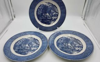 Currier & Ives Royal China - The Old Grist Mill 10 " Plates - Blue And White (3)