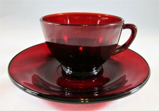 Vtg Ruby Red Depression Glass Footed Coffee / Tea Cups & Saucers Anchor Hocking