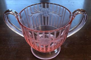 Antique Etched Pink Depression Glass Sugar Bowl Dish Vintage Floral